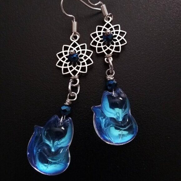 Iridescent + Glam! Fox Cub Pup Kitten Furbaby - Sparkling Dangle Earrings  2.5" - Picture 3 of 7